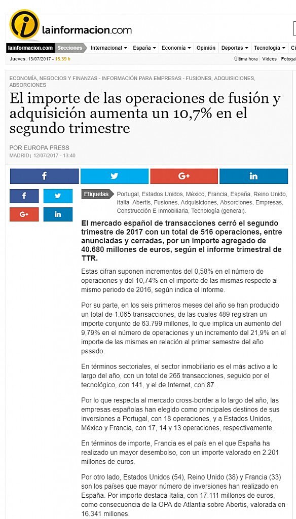 El importe de las operaciones de fusin y adquisicin aumenta un 10,7% en el segundo trimestre